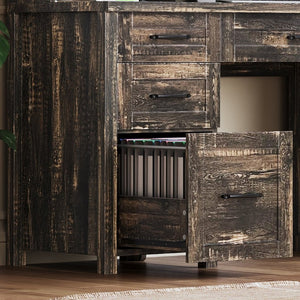 English Elm Farmhouse Executive Desk with Hutch Barn Doors Charging Station and File Storage Gray N733S459652E