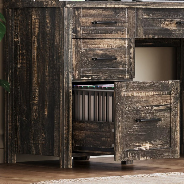 English Elm Farmhouse Executive Desk with Hutch Barn Doors Charging Station and File Storage Gray N733S459652E