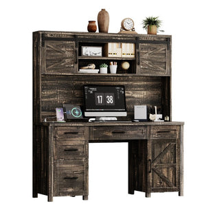 English Elm Farmhouse Executive Desk with Hutch Barn Doors Charging Station and File Storage Gray N733S459652E
