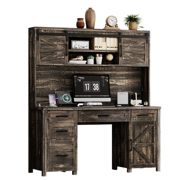 English Elm Farmhouse Executive Desk with Hutch Barn Doors Charging Station and File Storage Gray N733S459652E