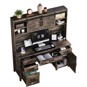 English Elm Farmhouse Executive Desk with Hutch Barn Doors Charging Station and File Storage Gray N733S459652E