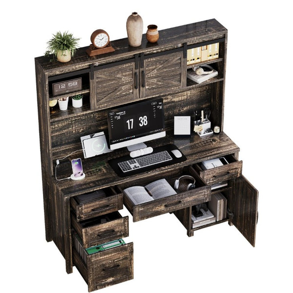 English Elm Farmhouse Executive Desk with Hutch Barn Doors Charging Station and File Storage Gray N733S459652E