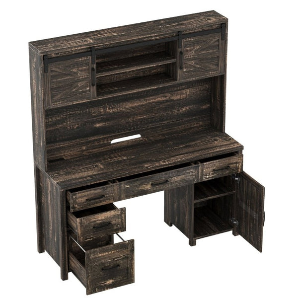 English Elm Farmhouse Executive Desk with Hutch Barn Doors Charging Station and File Storage Gray N733S459652E
