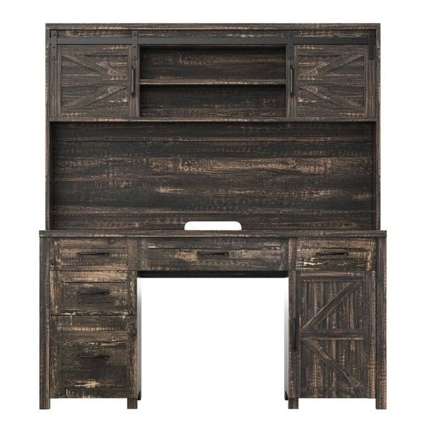 English Elm Farmhouse Executive Desk with Hutch Barn Doors Charging Station and File Storage Gray N733S459652E