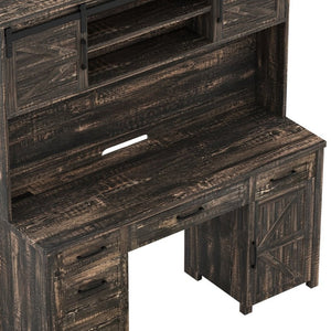English Elm Farmhouse Executive Desk with Hutch Barn Doors Charging Station and File Storage Gray N733S459652E