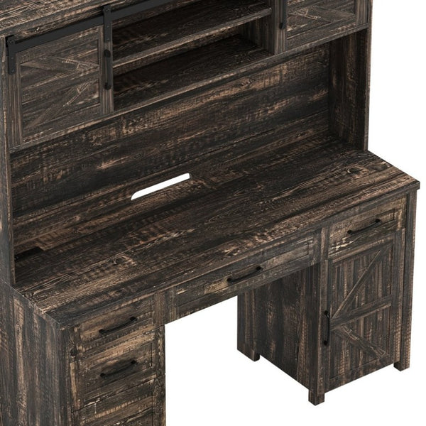 English Elm Farmhouse Executive Desk with Hutch Barn Doors Charging Station and File Storage Gray N733S459652E