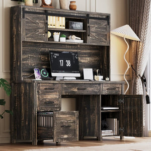 English Elm Farmhouse Executive Desk with Hutch Barn Doors Charging Station and File Storage Gray N733S459652E