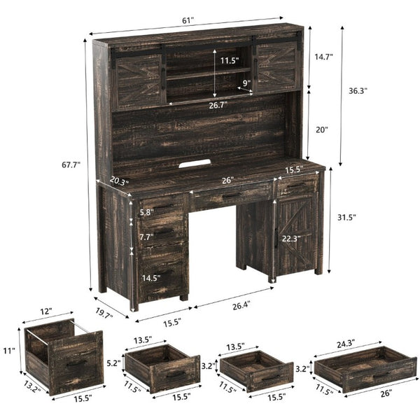 English Elm Farmhouse Executive Desk with Hutch Barn Doors Charging Station and File Storage Gray N733S459652E