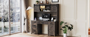 English Elm Farmhouse Executive Desk with Hutch Barn Doors Charging Station and File Storage Gray N733S459652E