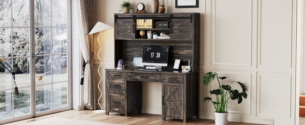 English Elm Farmhouse Executive Desk with Hutch Barn Doors Charging Station and File Storage Gray N733S459652E