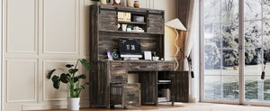 English Elm Farmhouse Executive Desk with Hutch Barn Doors Charging Station and File Storage Gray N733S459652E