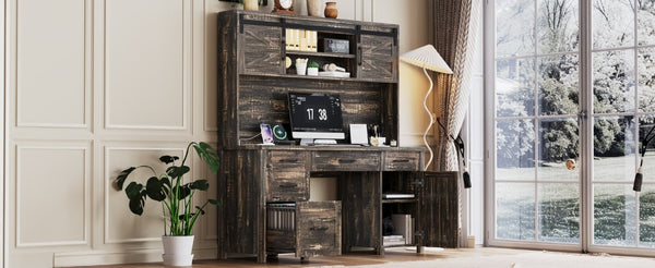 English Elm Farmhouse Executive Desk with Hutch Barn Doors Charging Station and File Storage Gray N733S459652E