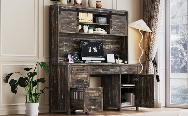 English Elm Farmhouse Executive Desk with Hutch Barn Doors Charging Station and File Storage Gray N733S459652E