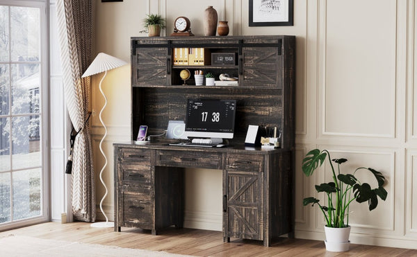 English Elm Farmhouse Executive Desk with Hutch Barn Doors Charging Station and File Storage Gray N733S459652E