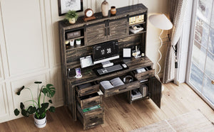 English Elm Farmhouse Executive Desk with Hutch Barn Doors Charging Station and File Storage Gray N733S459652E