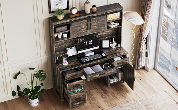 English Elm Farmhouse Executive Desk with Hutch Barn Doors Charging Station and File Storage Gray N733S459652E