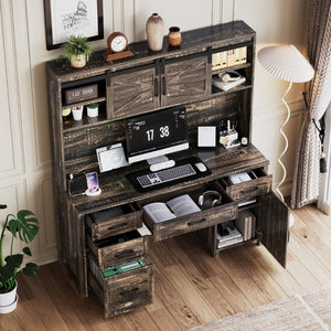 English Elm Farmhouse Executive Desk with Hutch Barn Doors Charging Station and File Storage Gray N733S459652E