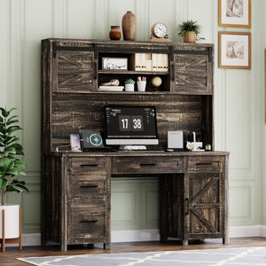 English Elm Farmhouse Executive Desk with Hutch Barn Doors Charging Station and File Storage Gray N733S459652E