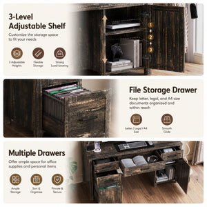 English Elm Farmhouse Executive Desk with Hutch Barn Doors Charging Station and File Storage Gray N733S459652E