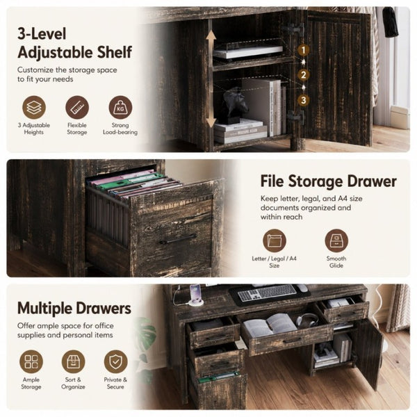 English Elm Farmhouse Executive Desk with Hutch Barn Doors Charging Station and File Storage Gray N733S459652E