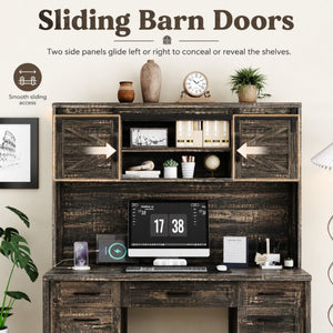 English Elm Farmhouse Executive Desk with Hutch Barn Doors Charging Station and File Storage Gray N733S459652E