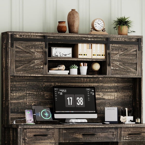 English Elm Farmhouse Executive Desk with Hutch Barn Doors Charging Station and File Storage Gray N733S459652E