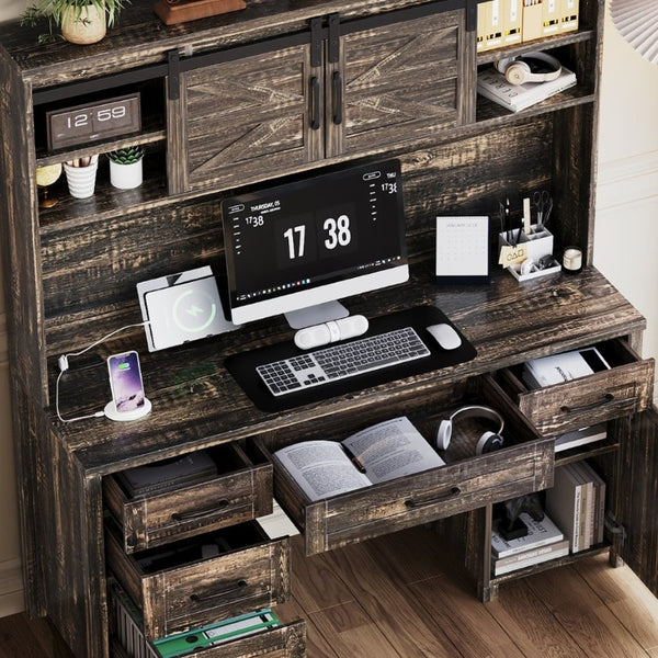 English Elm Farmhouse Executive Desk with Hutch Barn Doors Charging Station and File Storage Gray N733S459652E