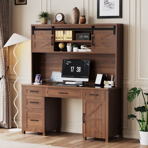 English Elm Farmhouse Executive Desk with Hutch Barn Doors Charging Station and File Storage Walnut N733S459652L