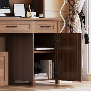 English Elm Farmhouse Executive Desk with Hutch Barn Doors Charging Station and File Storage Walnut N733S459652L
