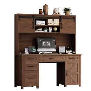 English Elm Farmhouse Executive Desk with Hutch Barn Doors Charging Station and File Storage Walnut N733S459652L