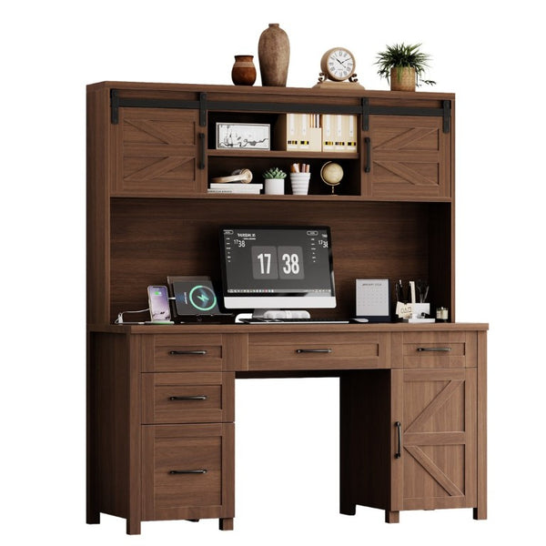 English Elm Farmhouse Executive Desk with Hutch Barn Doors Charging Station and File Storage Walnut N733S459652L
