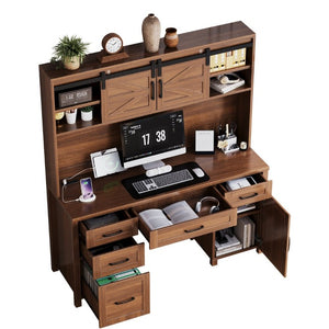 English Elm Farmhouse Executive Desk with Hutch Barn Doors Charging Station and File Storage Walnut N733S459652L