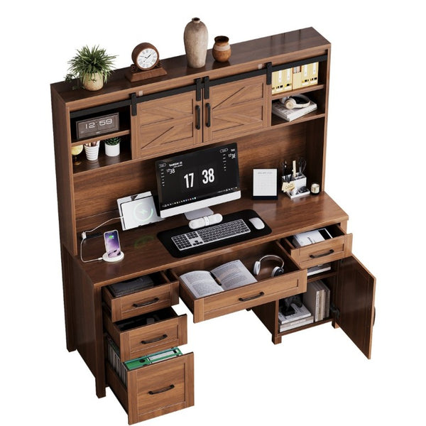 English Elm Farmhouse Executive Desk with Hutch Barn Doors Charging Station and File Storage Walnut N733S459652L