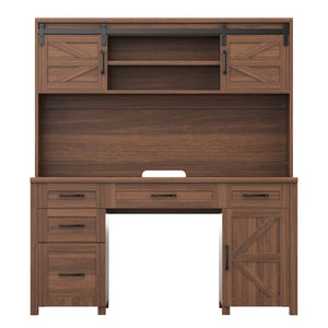 English Elm Farmhouse Executive Desk with Hutch Barn Doors Charging Station and File Storage Walnut N733S459652L