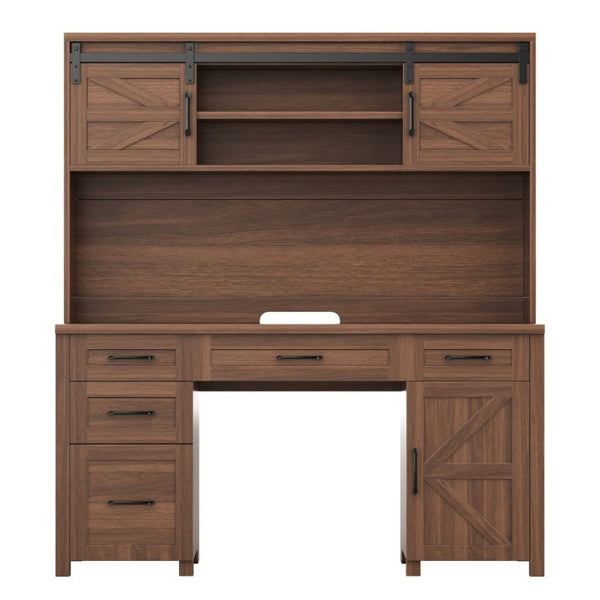 English Elm Farmhouse Executive Desk with Hutch Barn Doors Charging Station and File Storage Walnut N733S459652L