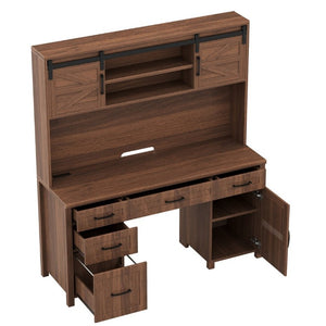 English Elm Farmhouse Executive Desk with Hutch Barn Doors Charging Station and File Storage Walnut N733S459652L