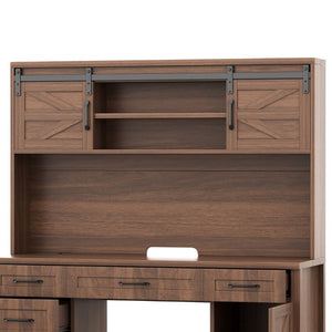 English Elm Farmhouse Executive Desk with Hutch Barn Doors Charging Station and File Storage Walnut N733S459652L