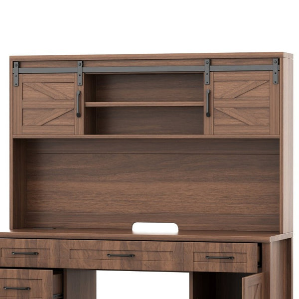 English Elm Farmhouse Executive Desk with Hutch Barn Doors Charging Station and File Storage Walnut N733S459652L