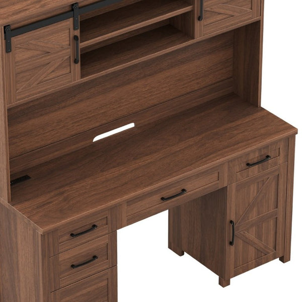 English Elm Farmhouse Executive Desk with Hutch Barn Doors Charging Station and File Storage Walnut N733S459652L