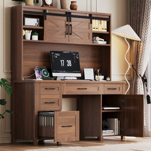 English Elm Farmhouse Executive Desk with Hutch Barn Doors Charging Station and File Storage Walnut N733S459652L