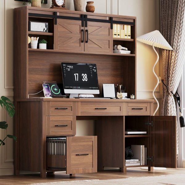 English Elm Farmhouse Executive Desk with Hutch Barn Doors Charging Station and File Storage Walnut N733S459652L