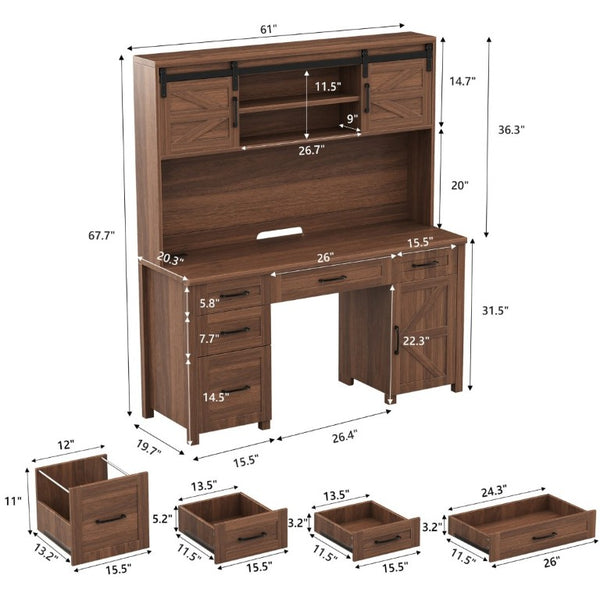 English Elm Farmhouse Executive Desk with Hutch Barn Doors Charging Station and File Storage Walnut N733S459652L