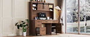 English Elm Farmhouse Executive Desk with Hutch Barn Doors Charging Station and File Storage Walnut N733S459652L