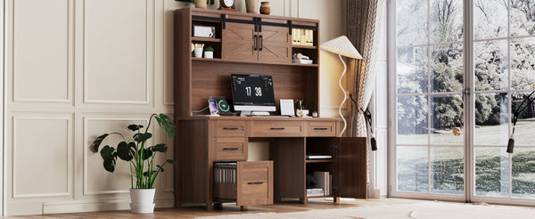 English Elm Farmhouse Executive Desk with Hutch Barn Doors Charging Station and File Storage Walnut N733S459652L