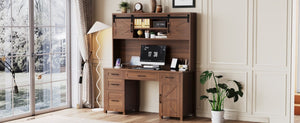 English Elm Farmhouse Executive Desk with Hutch Barn Doors Charging Station and File Storage Walnut N733S459652L