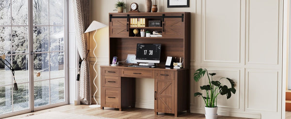 English Elm Farmhouse Executive Desk with Hutch Barn Doors Charging Station and File Storage Walnut N733S459652L