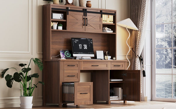 English Elm Farmhouse Executive Desk with Hutch Barn Doors Charging Station and File Storage Walnut N733S459652L