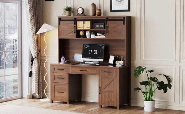 English Elm Farmhouse Executive Desk with Hutch Barn Doors Charging Station and File Storage Walnut N733S459652L