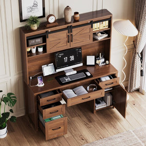 English Elm Farmhouse Executive Desk with Hutch Barn Doors Charging Station and File Storage Walnut N733S459652L