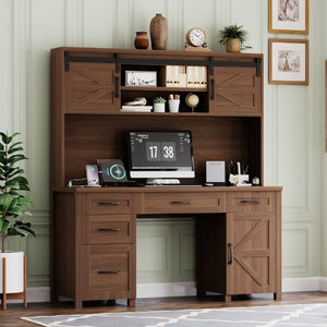 English Elm Farmhouse Executive Desk with Hutch Barn Doors Charging Station and File Storage Walnut N733S459652L